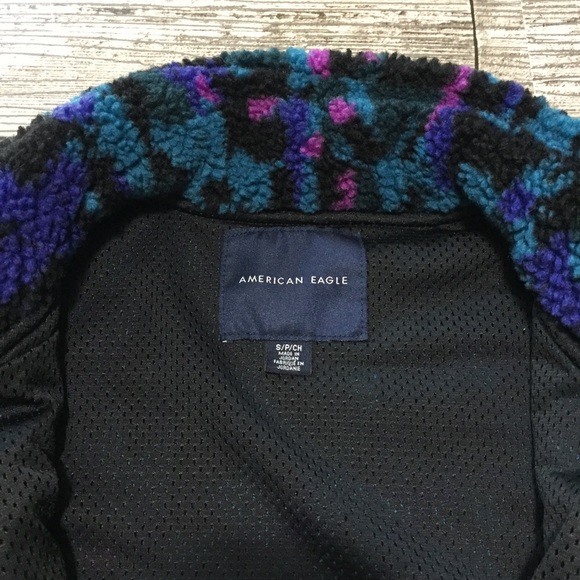 American Eagle Fleece Jacket Women’s S Full Zip Abstract Teal Black Zip Pockets - Picture 12 of 13